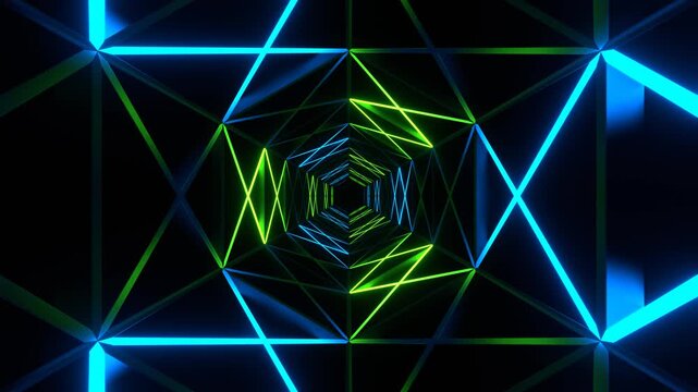 Blue and Green Neons Moves Along Hexagon Grate Tunnel Background VJ Loop in 4K