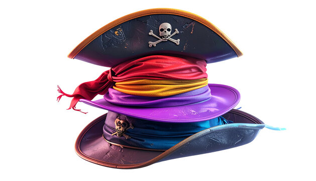 Colorful Stacked Pirate Hats Featuring Skull and Crossbones on a Black Backdrop