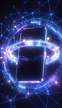 Futuristic smartphone surrounded by glowing digital rings and network connections symbolizes cyber security and advanced technology protecting data with glowing network lines illustrating data