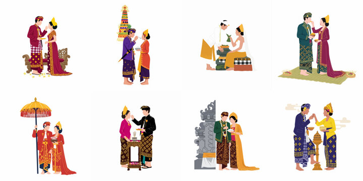 Set of vector illustrations featuring couples in traditional Balinese wedding attire performing various cultural ceremonies and rituals on a white background.