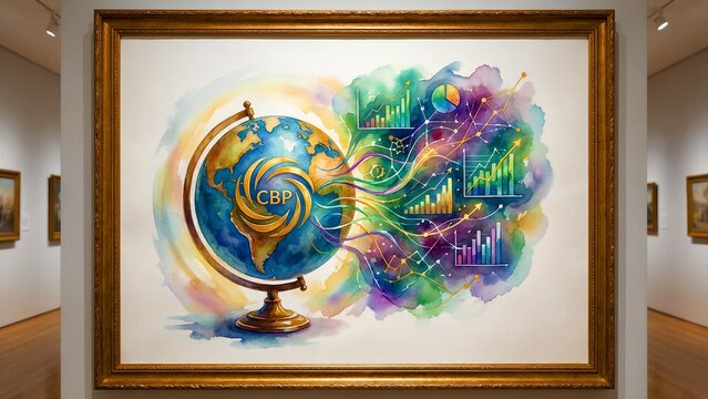Watercolor painting displays a CBP branded globe connecting to vibrant, abstract data streams featuring numerous ascending financial growth charts in a gallery setting