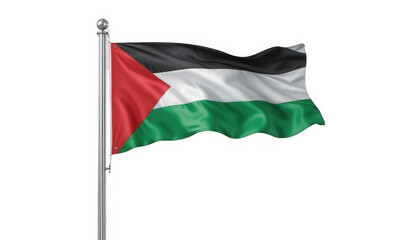 Obraz premium The Palestinian flag waving on a flagpole against a black background on transparent background