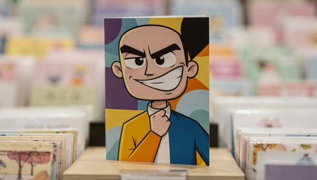 Medium shot of a sarcastic greeting card with bold text and a smirking cartoon character sharply focused against a blurred background of colorful cards.