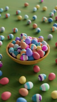 Bowl filled with colorful decorated Easter eggs on green table with scattered pastel eggs, festive spring holiday celebration concept and colorful seasonal 3D animation