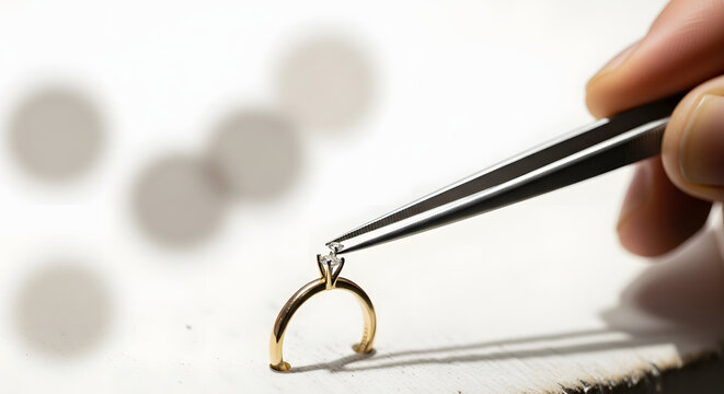 Professional Jeweler Setting Diamond in Gold Engagement Ring, Craftsmanship and Luxury Jewelry Manufacturing Concept