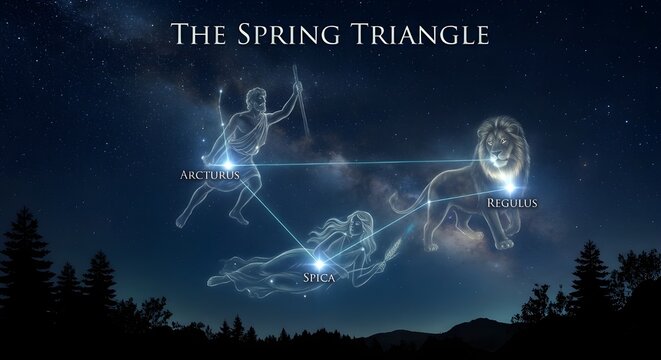 Astronomical Chart of The Spring Triangle Asterism in the Night Sky with Constellations and Star Names