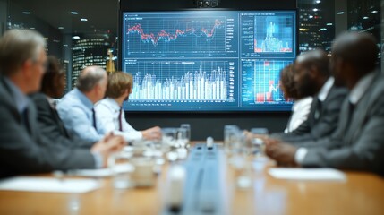 Business professionals analyzing financial data on a large screen in a modern boardroom setting with graphs and charts