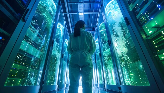 Female IT engineer looking at futuristic liquid immersion cooling tanks in sustainable data center facility.