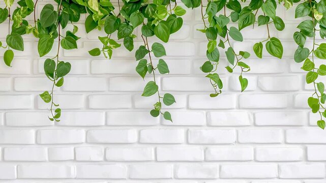 Beautiful green houseplant with heart shaped leaves hanging down and gently swaying against a textured white brick wall background