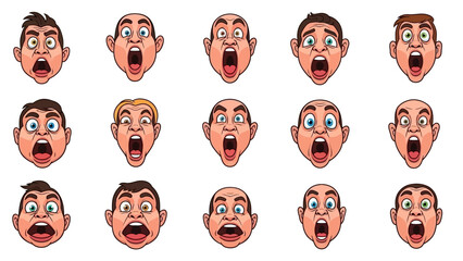 Fototapeta premium Dynamic vector illustration of various male faces screaming in exaggerated shock and surprise, wide-eyed and open-mouthed expressions.