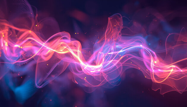 Create a mesmerizing abstract light leak overlay with vibrant, swirling tendrils of neon-colored light. Incorporate a mix of soft, feathery textures and sharp, defined edges, with a predominantly dark