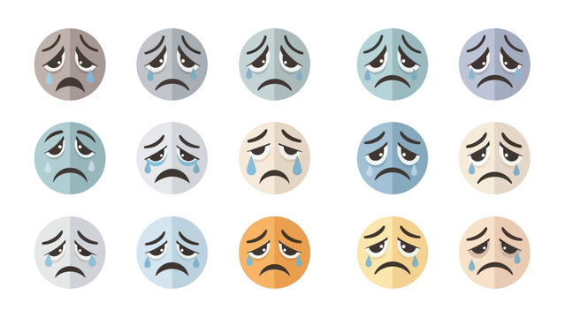 Set of flat design crying emoticons with tears, symbolizing sadness and emotional distress, digital graphic illustration.