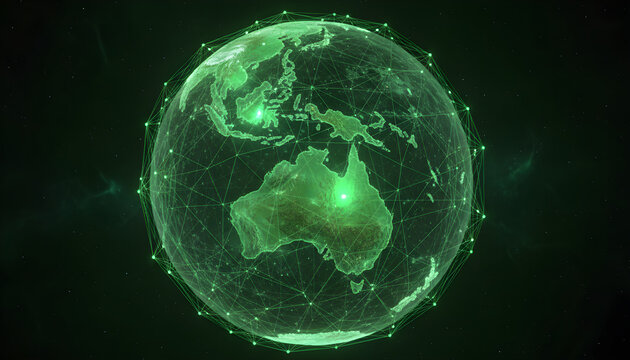 Glowing green earth with Australia in focus, digital globe illustration
