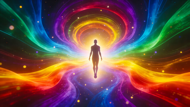Silhouette of a human figure surrounded bright chakras energy, cosmic light rays. Symbolizing enlightenment, transformation, spiritual awakening. For sci-fi, spirituality, futuristic art, metaphysic