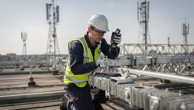 Maintenance crew member examining waveguide joints on a rooftop antenna array surrounding antennas and sky out of focus.