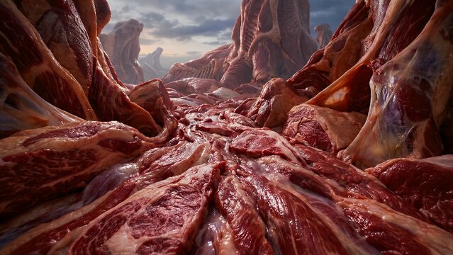 Surreal and unsettling landscape composed entirely of raw, glistening red meat forming cavernous structures under a moody sky