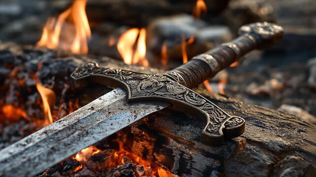 Close-up of an ancient large sword beside a burning campfire, glowing embers lighting the metal, capturing a medieval mood with warmth, texture, and dramatic atmosphere.