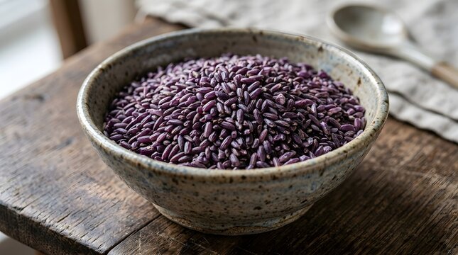 Close up shot of deep purple forbidden rice grains filling a rustic ceramic bowl on a wooden surface