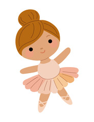Cute ballerina doll with brown hair in a bun. She wears a soft pink tutu and ballet slippers. Her arms are raised in a gentle, joyful pose. She smiles, showing happiness and grace © Creative_Juice_Art
