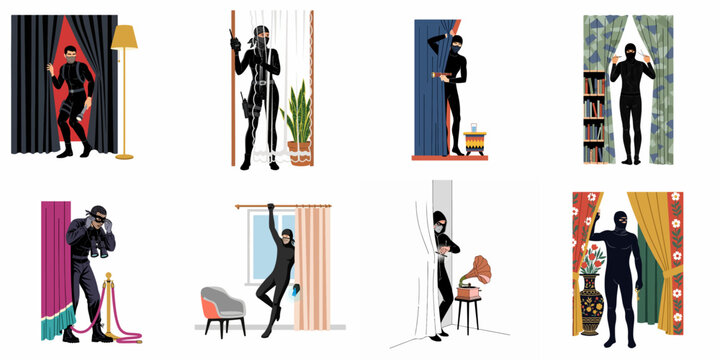 Set of illustrations depicting masked spies, burglars, and secret agents in black suits hiding behind curtains and performing undercover operations.