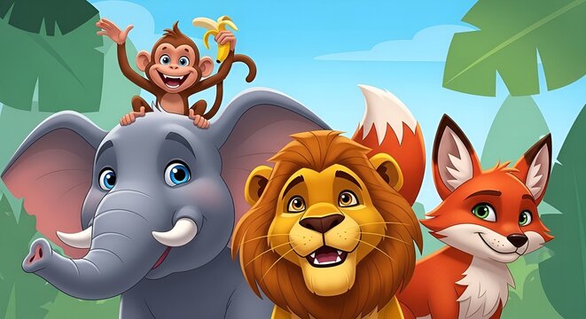 Cartoon Style Detailed Animals Elephant Monkey Lion Fox Character Illustration