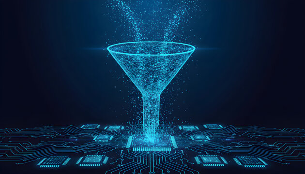 Abstract digital funnel processing glowing data streams over futuristic circuit board