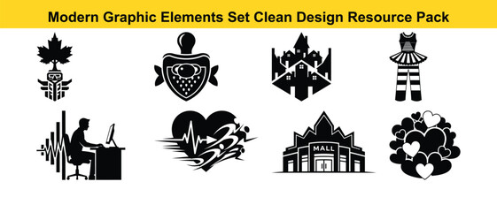 Obraz premium A collection of modern graphic elements featuring various icons and logos arranged neatly on a clean design resource pack for creative projects and branding purposes.