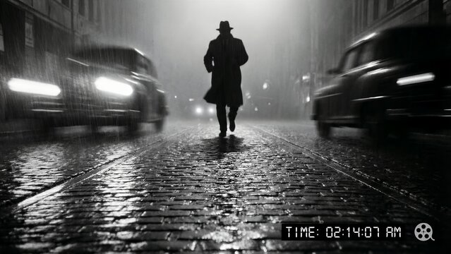 A shadowy, enigmatic male figure, distinctively dressed in a classic fedora hat and long trench coat, moves with determined purpose, projecting an aura of intense suspense and profound mystery,
