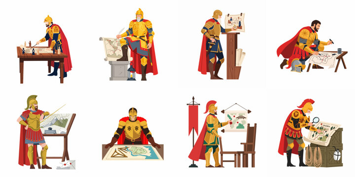 Set of medieval generals and military commanders in golden armor planning battle strategies using maps, isolated on white background.