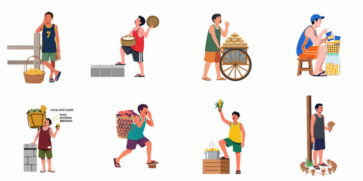A collection of various Filipino street food vendors selling local snacks and delicacies like siopao, puto, and corn in a flat vector illustration style.