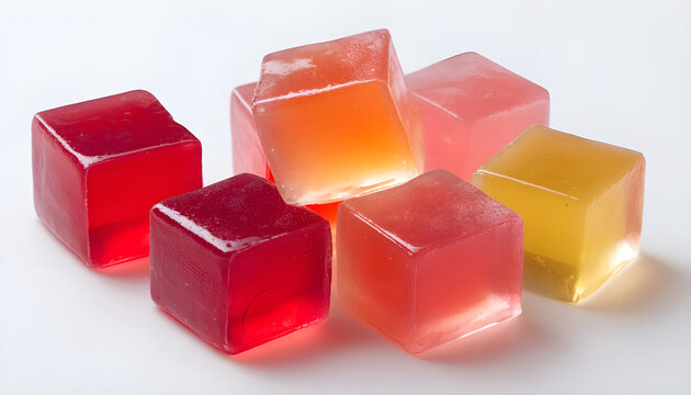 Many agar-agar jelly cubes on white background