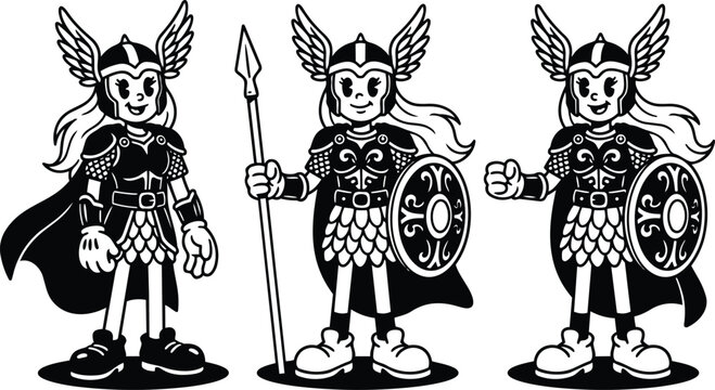 Cartoon valkyrie warrior trio with spear shield and winged helmets in black and white