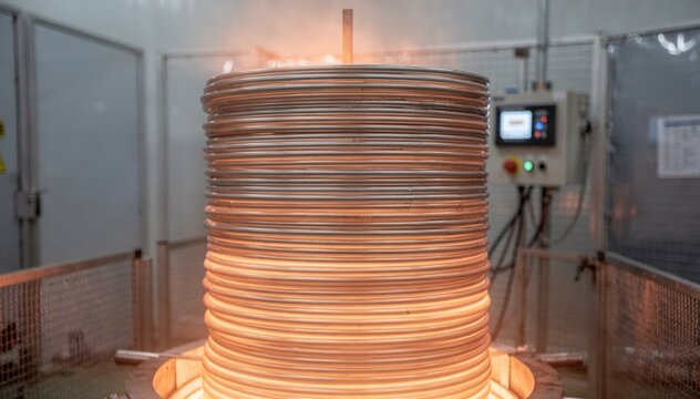 Medium shot showing thin foil coils stacked neatly undergoing thermal softening to enhance ductility with careful temperature regulation and protective measures.