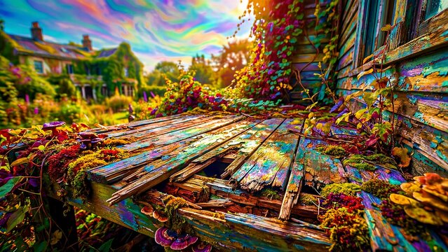A vividly psychedelic and surreal close-up of a weathered, abandoned wooden porch or deck, showcasing its extremely colorful, peeling paintwork, textured with overgrown moss, unique fungi, and wild