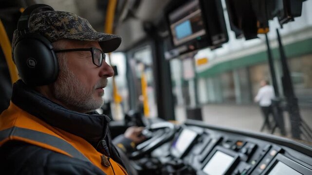 Middle aged to senior Caucasian man working as a public bus driver, focused and experienced, everyday urban profession with natural light and realistic lifestyle setting.