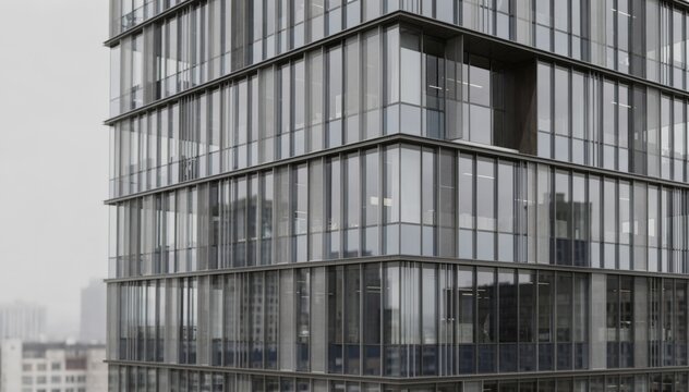 Medium shot of tinted glass curtain wall modules emphasizing energyefficient glazed metal units with shaded panels for temperature control in highrise buildings.