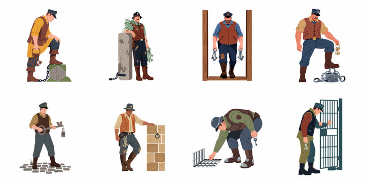 Set of eight vintage jailer and prison warden character illustrations in various poses holding keys, shackles, and standing by cell bars.