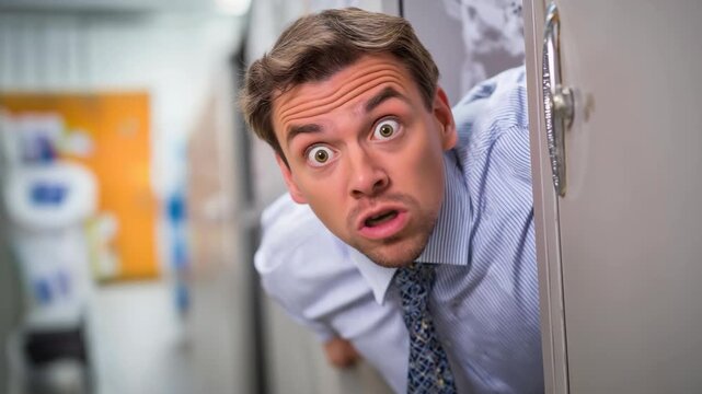 Caucasian businessman with a funny exaggerated facial expression, wide eyes and anxious excitement while looking at the camera, capturing humor, surprise, and emotional tension.