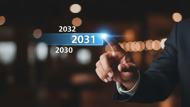Man's finger selects the year 2031 on a glowing digital timeline, with surrounding years 2030 and 2032 visible.