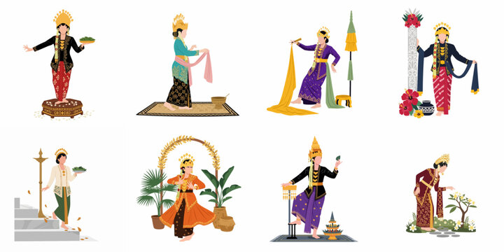 Collection of Flat Vector Illustrations Featuring Indonesian Traditional Dancers in Diverse Cultural Costumes, Poses, and Ceremonial Rituals