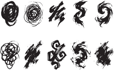 Fototapeta premium Brush set. Vector black paint brush spots, highlighter lines or felt-tip pen marker. Ink smudge abstract shape stains and smear set with texture. Hand drawn vector illustration