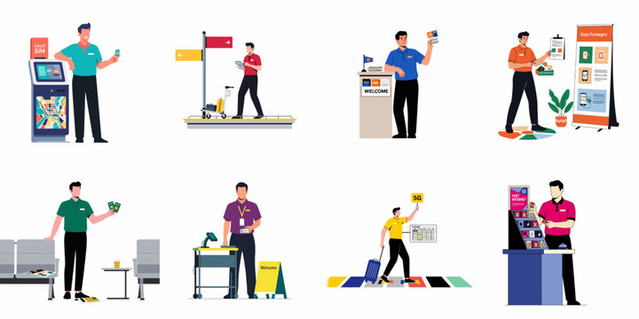 A set of flat illustrations depicting airport mobile service staff offering local SIM cards, data packages, and 5G connectivity solutions to international travelers.