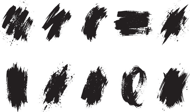 Brush set. Vector black paint brush spots, highlighter lines or felt-tip pen marker. Ink smudge abstract shape stains and smear set with texture. Hand drawn vector illustration