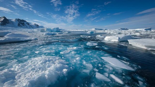 Icy sea with floating ice chunks under a clear blue sky, snow-covered mountains in the background, capturing a pristine polar landscape and serene frozen beauty.