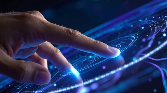 Digital Realm: A close-up view of a hand delicately interacting with a glowing digital interface, representing the seamless fusion of human and technology, with each touch.