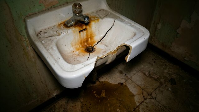 Close up of a severely damaged, cracked, and extremely dirty white porcelain bathroom sink with heavy rust stains and active dripping water in a derelict room.