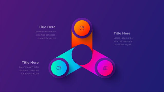 3 step triangular process infographic diagram with three connected rounded segments around central circle