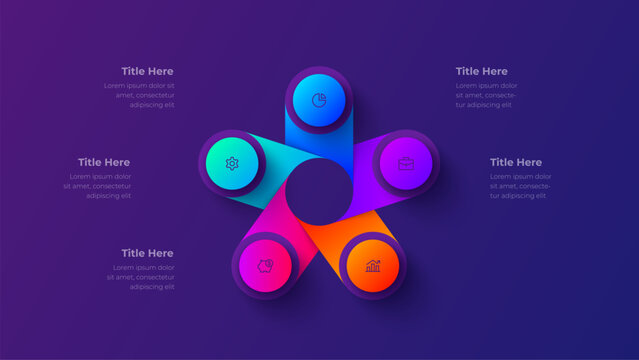 5 step radial process infographic diagram with five connected rounded segments around central circle
