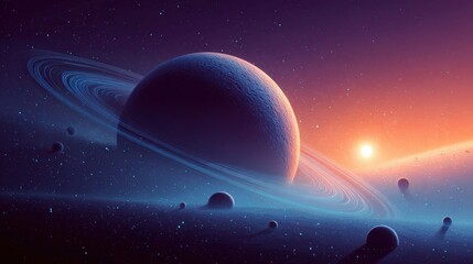 Fototapeta premium Vast alien planet with rings and moons bathed in the warm glow of a distant sun