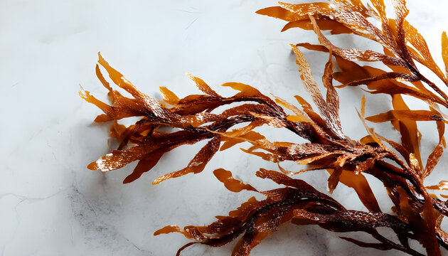 Ecklonia radiata brown seaweed with textured fronds and copyspace for text